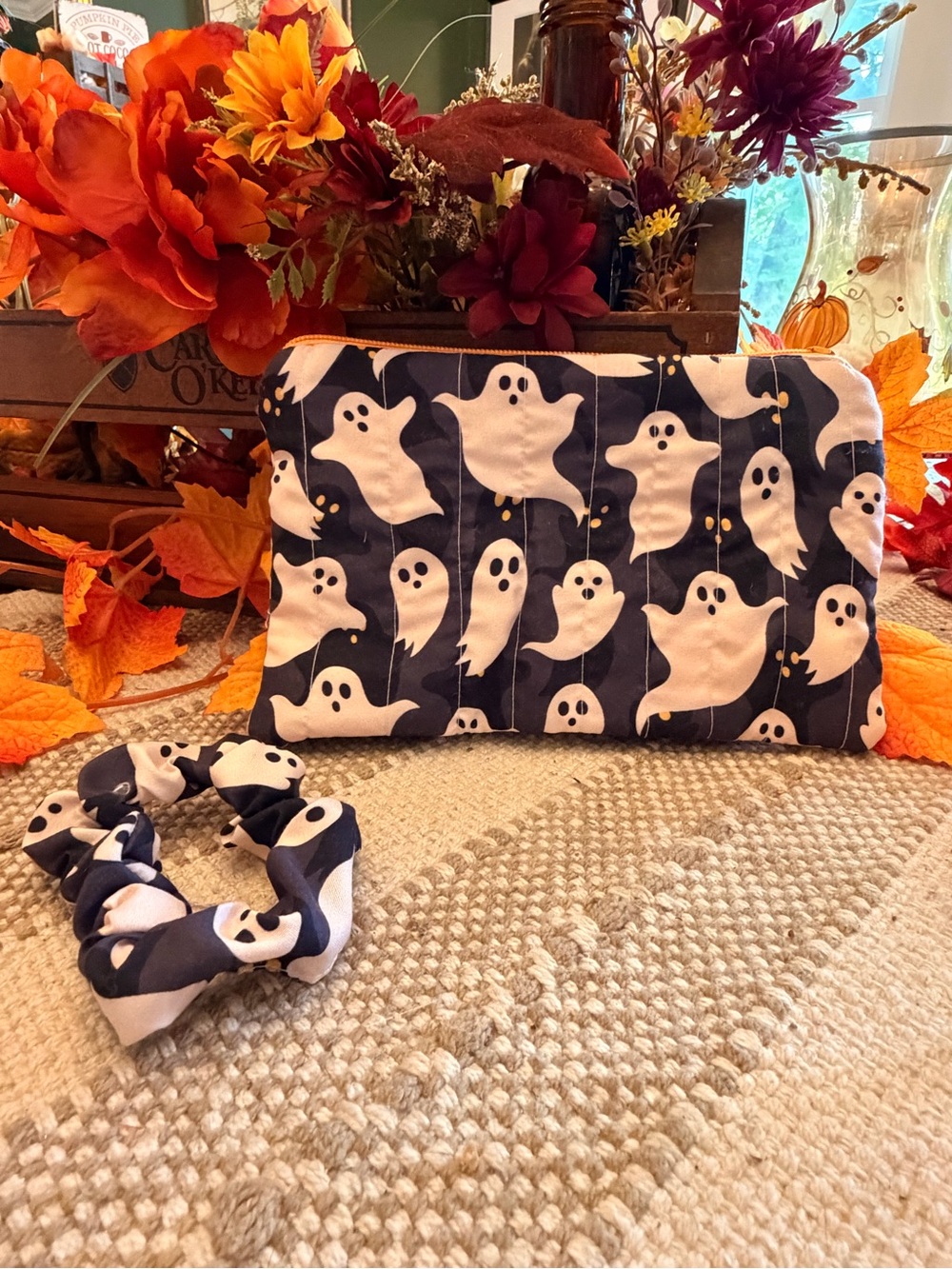 Kids Ghost Print Navy Zipper Pouch with Matching Scrunchie